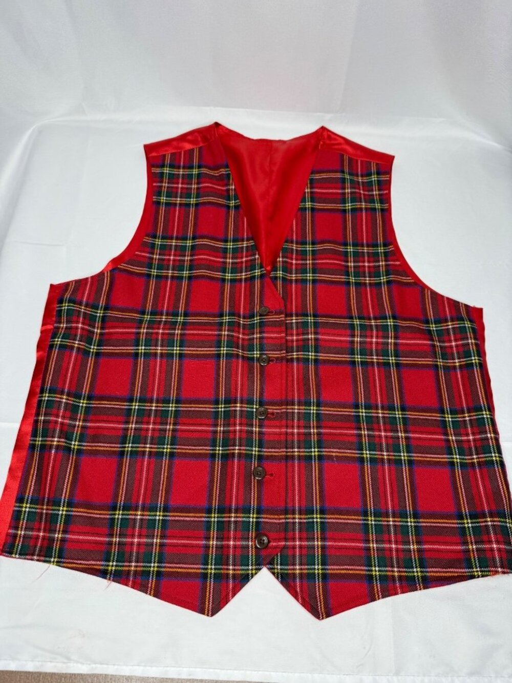 Vintage Red Plaid Button-Up Vest Satin Back Mens L Tartan